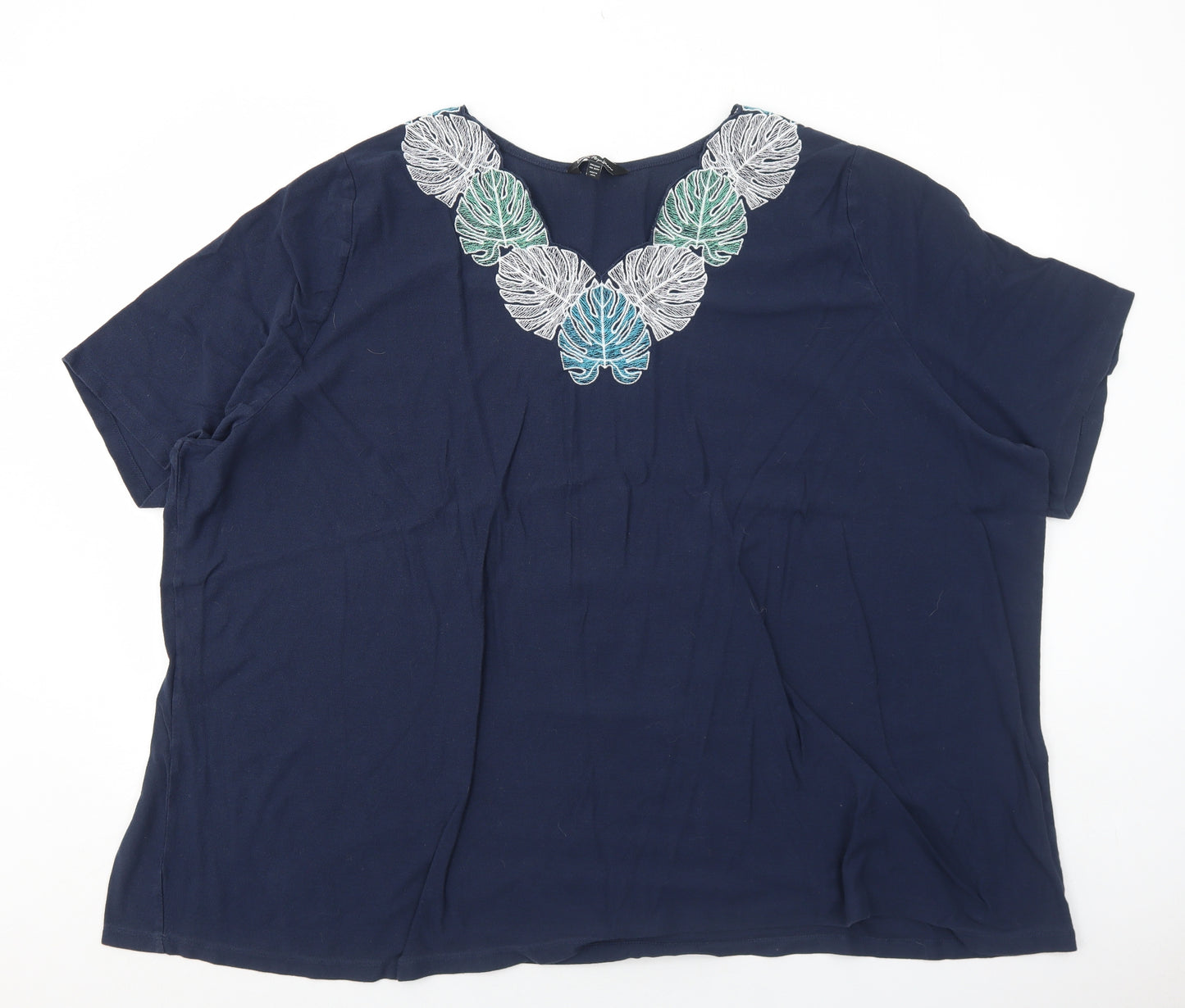 Lilla P Womens Blue Cotton Basic T-Shirt Size 32 V-Neck - Leaves Detail