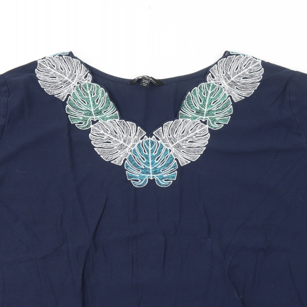Lilla P Womens Blue Cotton Basic T-Shirt Size 32 V-Neck - Leaves Detail