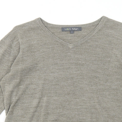 Marks and Spencer Mens Brown V-Neck Acrylic Pullover Jumper Size S Long Sleeve