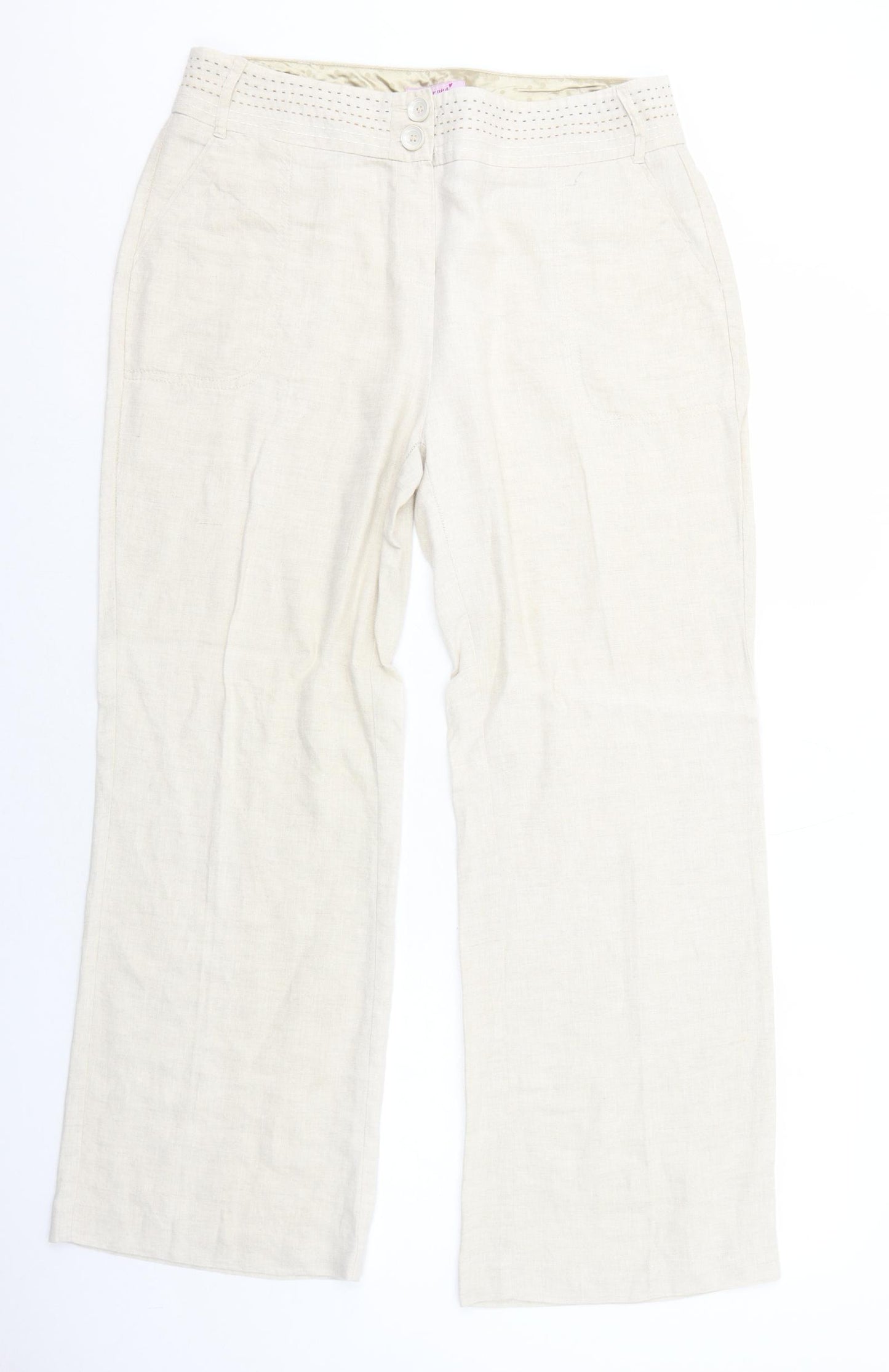 Per Una Womens Beige Linen Trousers Size 14 Regular Zip