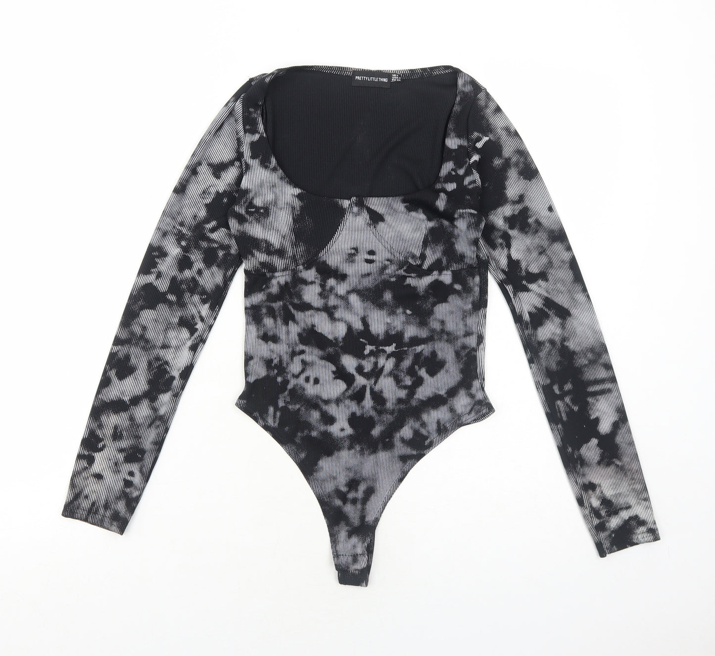PRETTYLITTLETHING Womens Black Tie Dye Polyester Bodysuit One-Piece Size 6 Snap