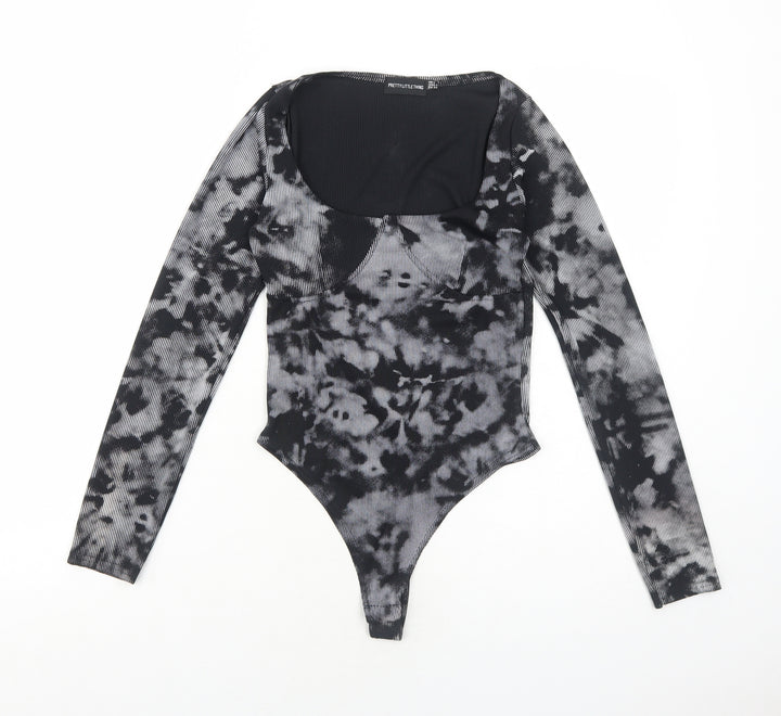 PRETTYLITTLETHING Womens Black Tie Dye Polyester Bodysuit One-Piece Size 6 Snap