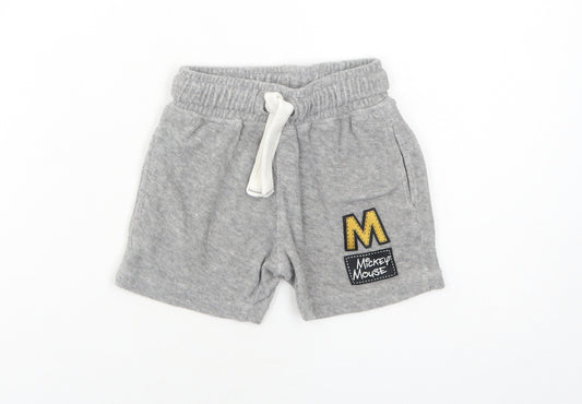Front view of Next Baby Grey Cotton Cropped Trousers, size 12-18, Months Drawstring - Mickey Mouse