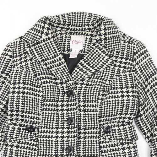 Candie's Womens White Geometric Pea Coat Coat Size S Button