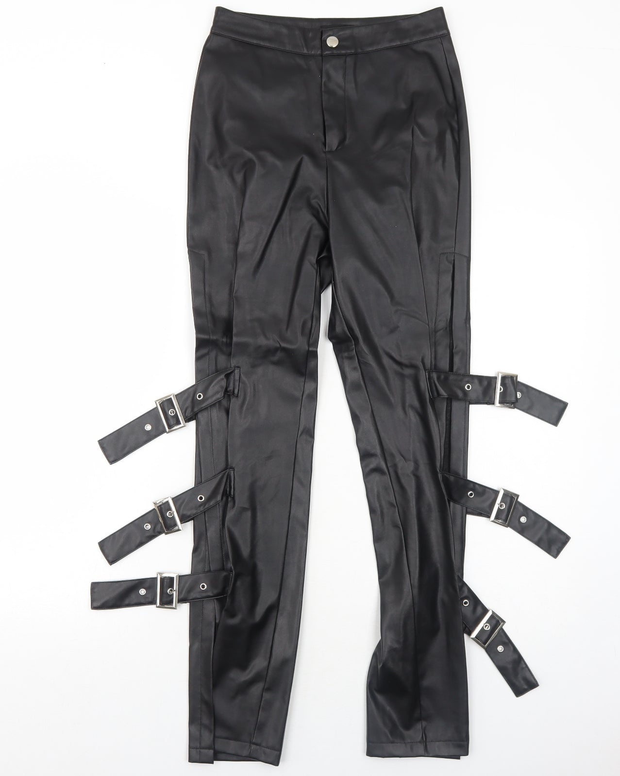 PRETTYLITTLETHING Womens Black Patent Leather Trousers Size 6 Regular Zip - Buckle Straps