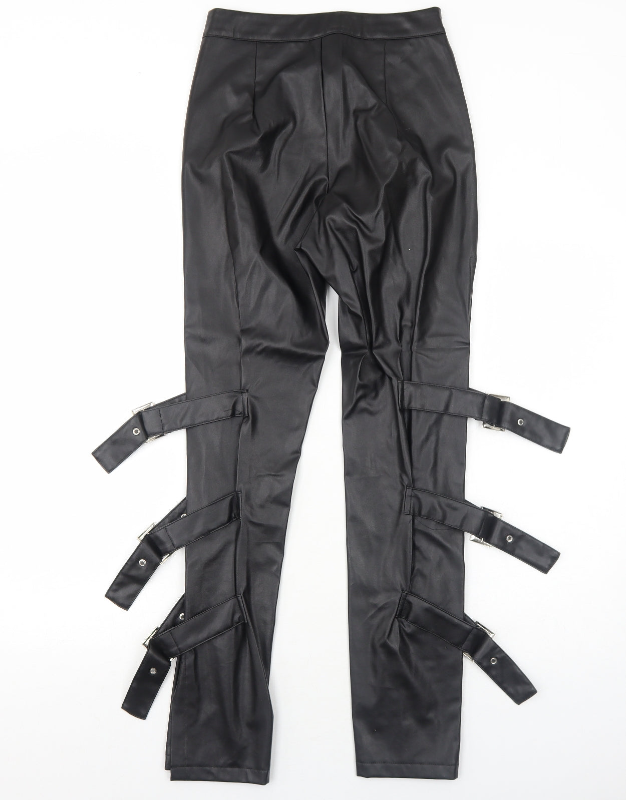 PRETTYLITTLETHING Womens Black Patent Leather Trousers Size 6 Regular Zip - Buckle Straps