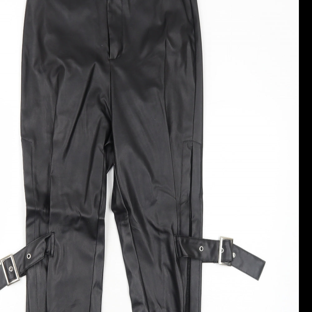 PRETTYLITTLETHING Womens Black Patent Leather Trousers Size 6 Regular Zip - Buckle Straps
