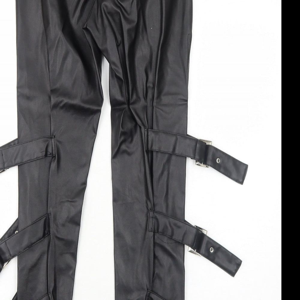 PRETTYLITTLETHING Womens Black Patent Leather Trousers Size 6 Regular Zip - Buckle Straps