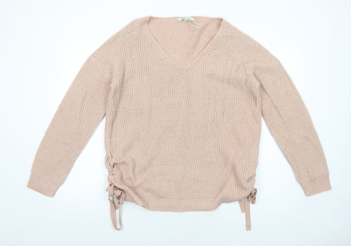 Peacocks Womens Pink V-Neck Acrylic Pullover Jumper Size L