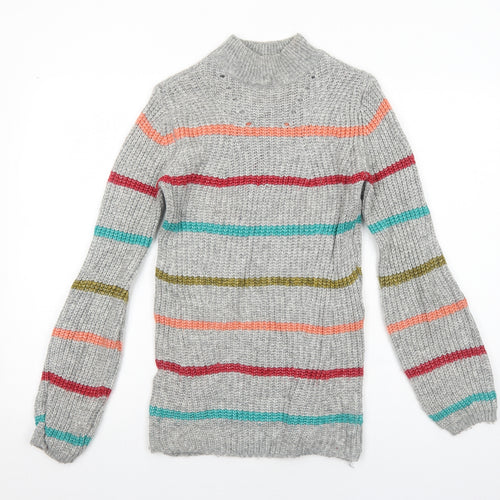 Papaya Womens Grey High Neck Striped Acrylic Pullover Jumper Size XS