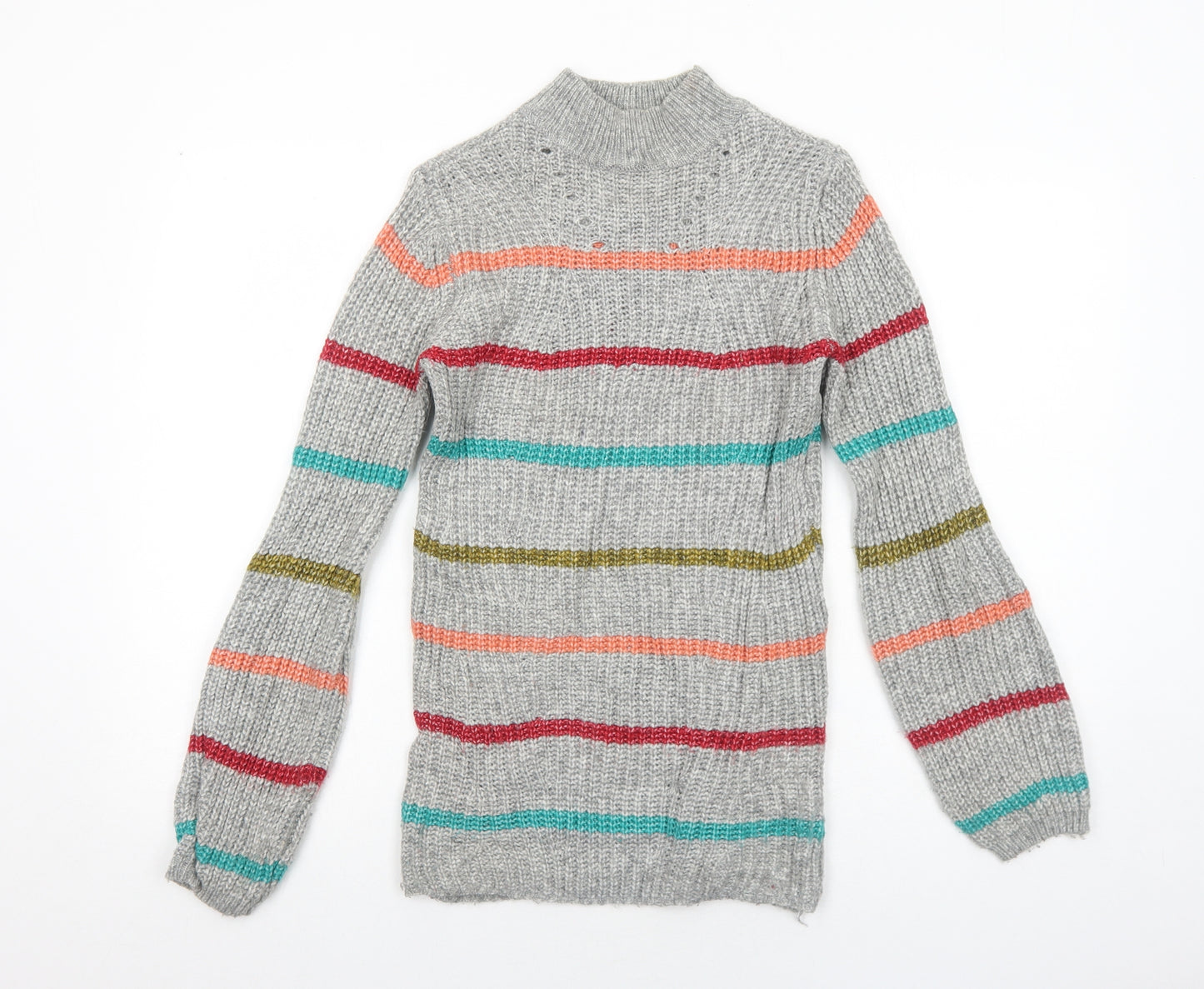Papaya Womens Grey High Neck Striped Acrylic Pullover Jumper Size XS