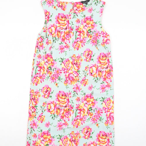 New Look Womens Blue Floral Patent Leather A-Line Size 6 Round Neck Button