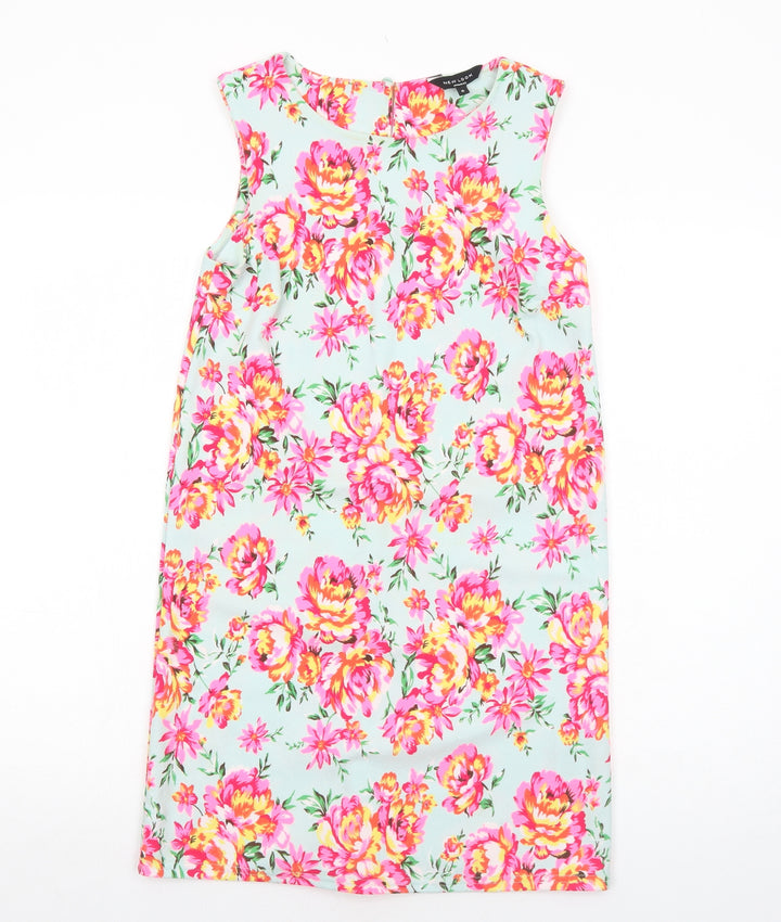 New Look Womens Blue Floral Patent Leather A-Line Size 6 Round Neck Button