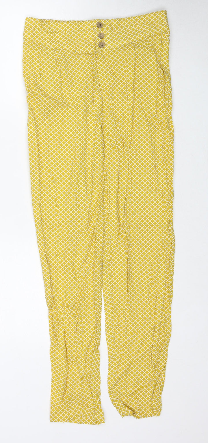 Marks and Spencer Womens Yellow Geometric Viscose Trousers Size 8 Regular Zip
