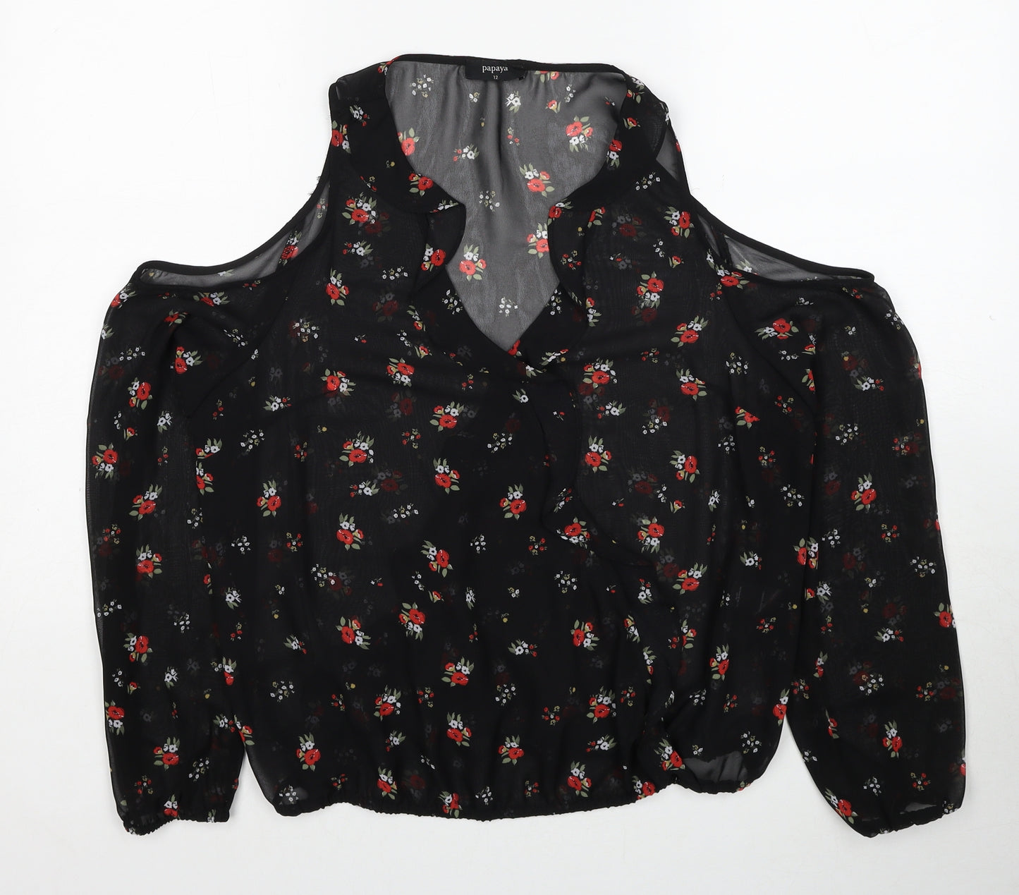 Papaya Womens Black Floral Polyester Basic Blouse Size 12 V-Neck - Cold Shoulder