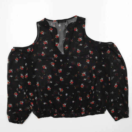 Papaya Womens Black Floral Polyester Basic Blouse Size 12 V-Neck - Cold Shoulder