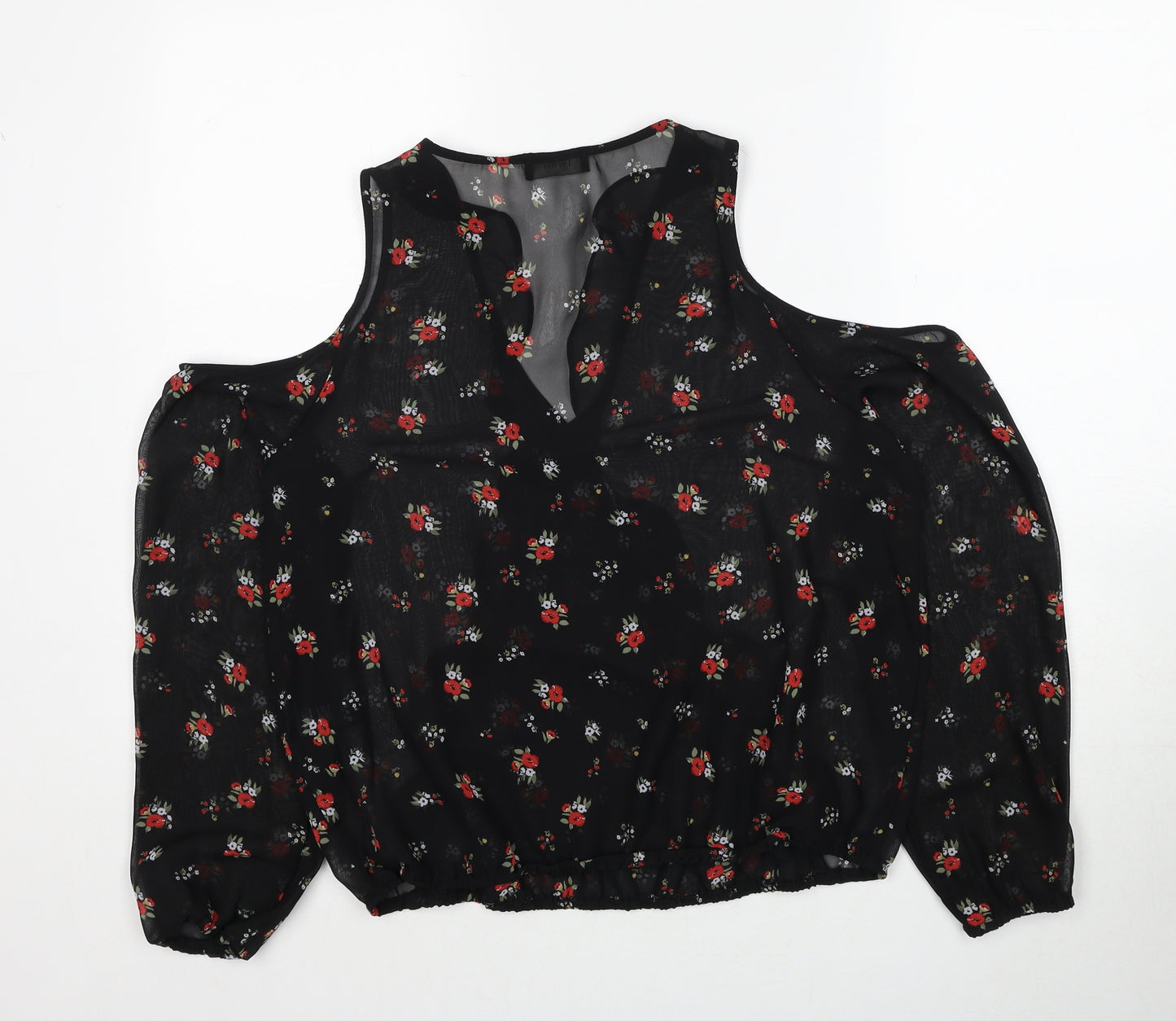 Papaya Womens Black Floral Polyester Basic Blouse Size 12 V-Neck - Cold Shoulder
