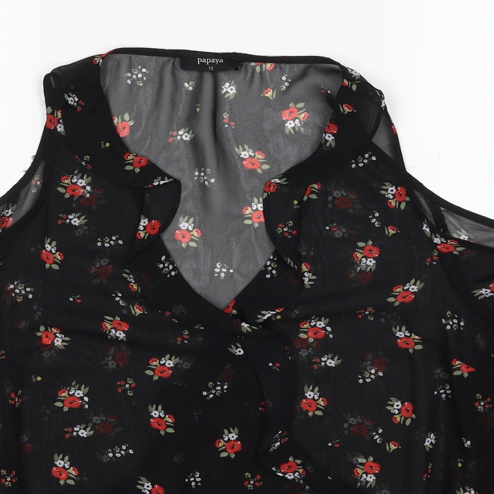 Papaya Womens Black Floral Polyester Basic Blouse Size 12 V-Neck - Cold Shoulder
