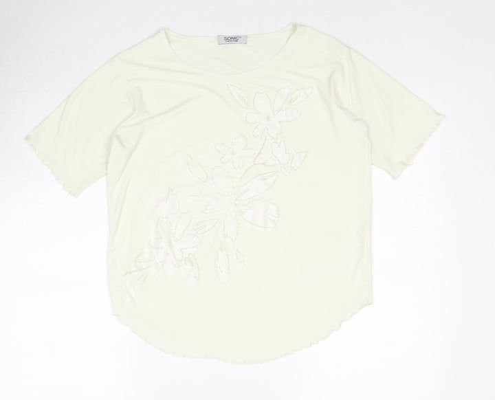 Sonic Womens Ivory Polyester Basic T-Shirt Size 16 Boat Neck - Floral Detail