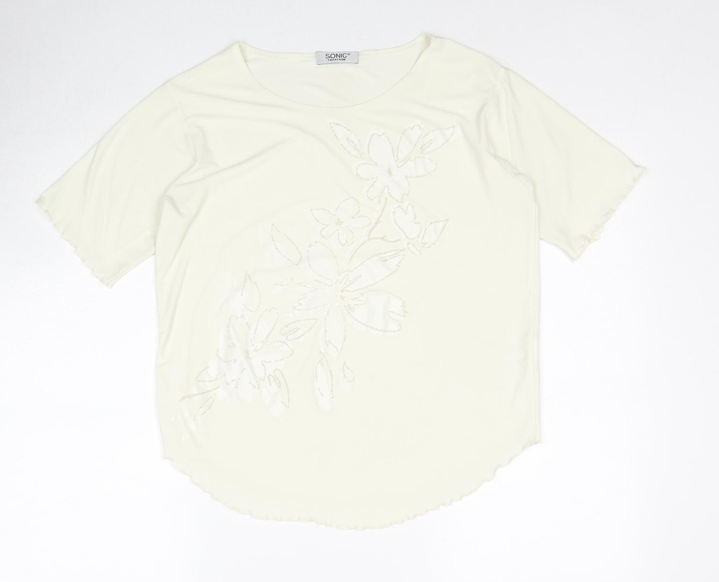 Sonic Womens Ivory Polyester Basic T-Shirt Size 16 Boat Neck - Floral Detail