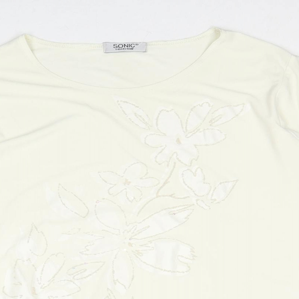 Sonic Womens Ivory Polyester Basic T-Shirt Size 16 Boat Neck - Floral Detail