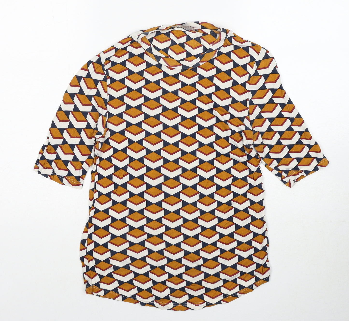 Marks and Spencer Womens Orange Geometric Viscose Basic Blouse Size 8 Round Neck