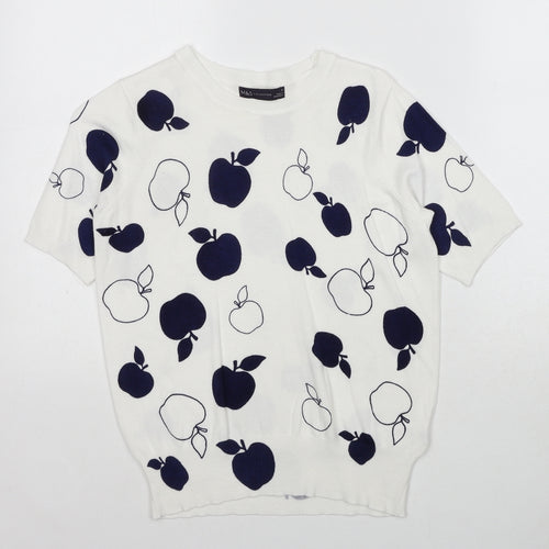 Marks and Spencer Womens White Round Neck Geometric Viscose Pullover Jumper Size 8 - Apple Print