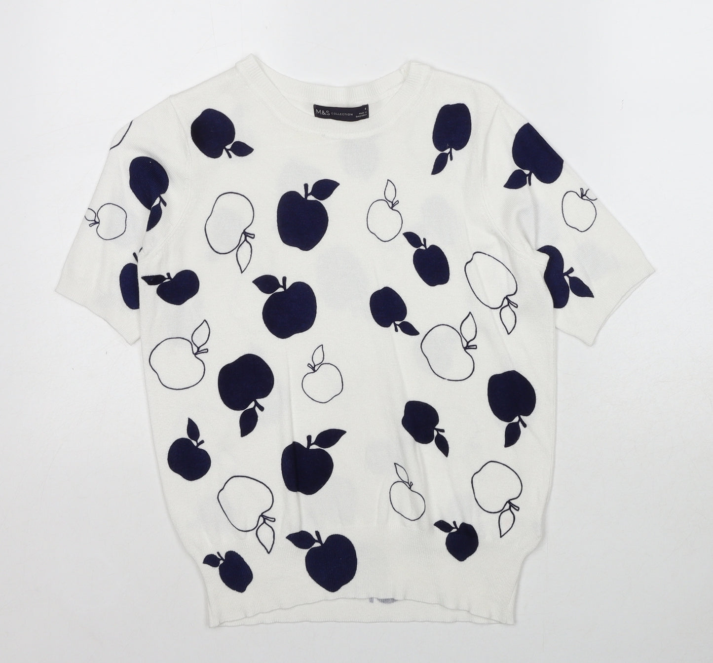 Marks and Spencer Womens White Round Neck Geometric Viscose Pullover Jumper Size 8 - Apple Print