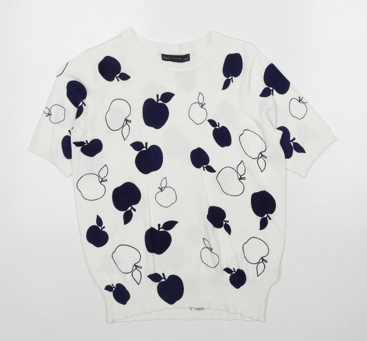 Marks and Spencer Womens White Round Neck Geometric Viscose Pullover Jumper Size 8 - Apple Print