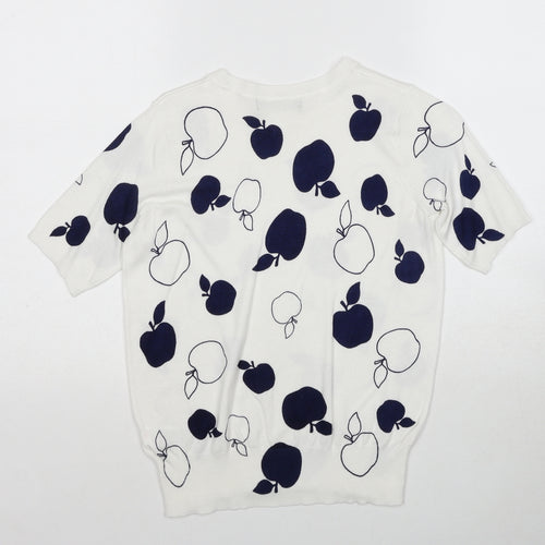 Marks and Spencer Womens White Round Neck Geometric Viscose Pullover Jumper Size 8 - Apple Print