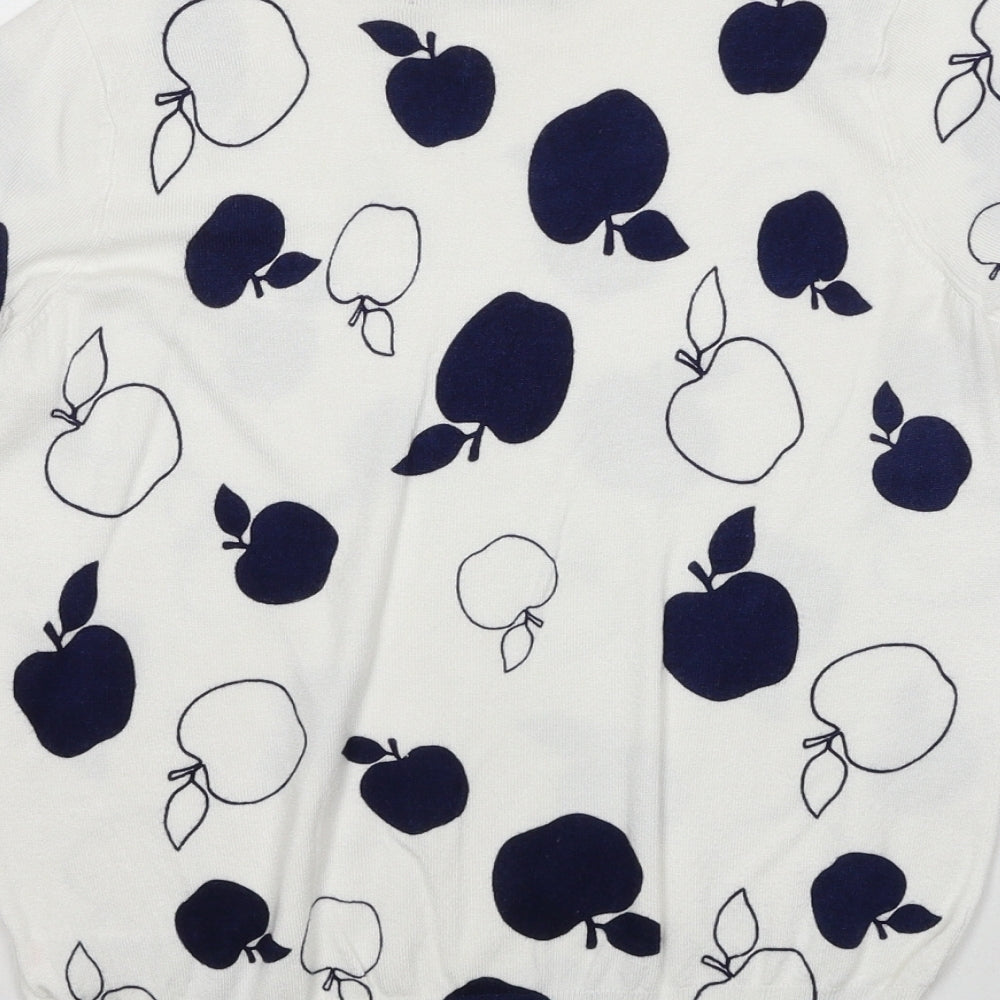 Marks and Spencer Womens White Round Neck Geometric Viscose Pullover Jumper Size 8 - Apple Print
