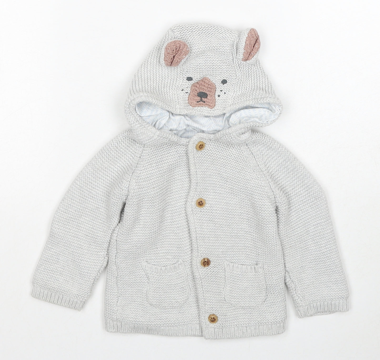 Marks and Spencer Baby Grey Cotton Cardigan Jumper Size 6-9 Months Button - Bear Ears