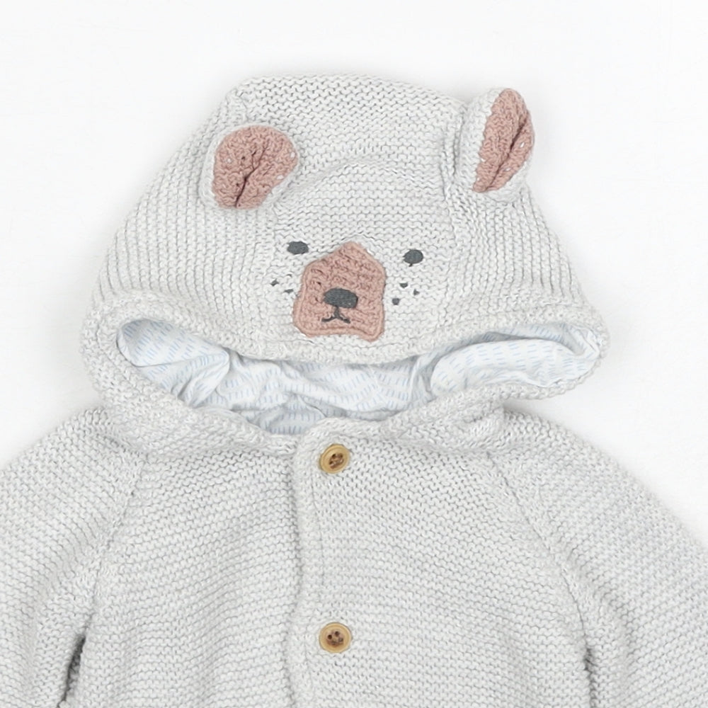 Marks and Spencer Baby Grey Cotton Cardigan Jumper Size 6-9 Months Button - Bear Ears