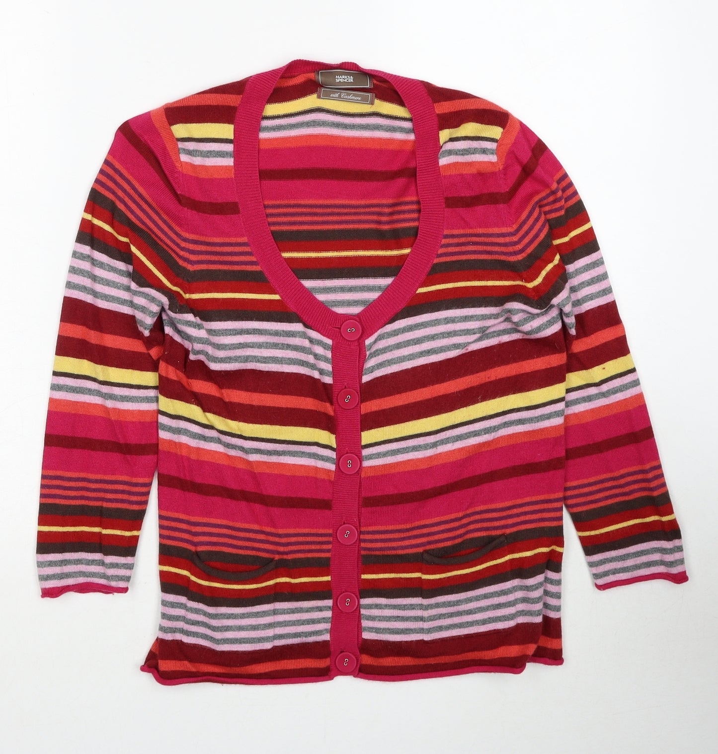 Marks and Spencer Womens Red V-Neck Striped Viscose Cardigan Jumper Size 10