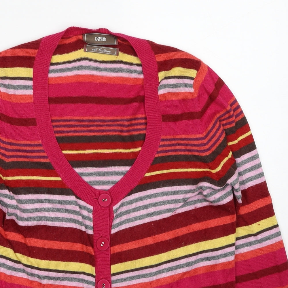 Marks and Spencer Womens Red V-Neck Striped Viscose Cardigan Jumper Size 10