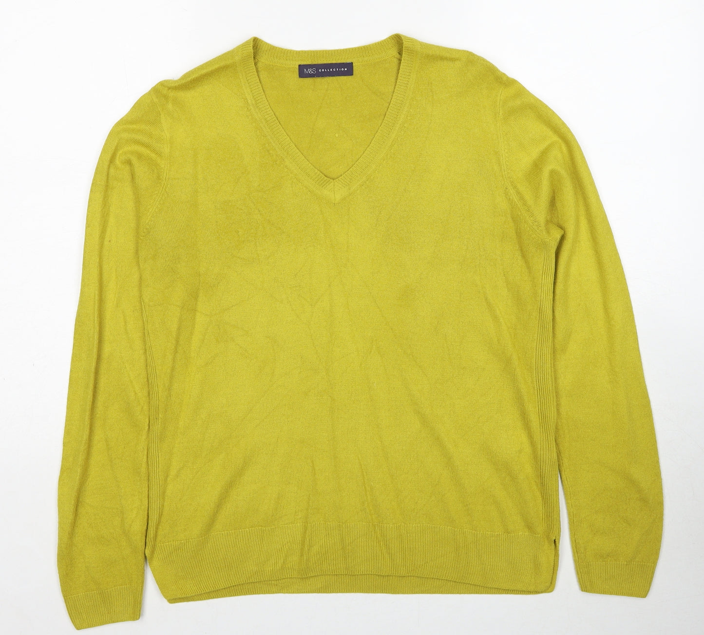 Marks and Spencer Womens Yellow V-Neck Acrylic Pullover Jumper Size 14