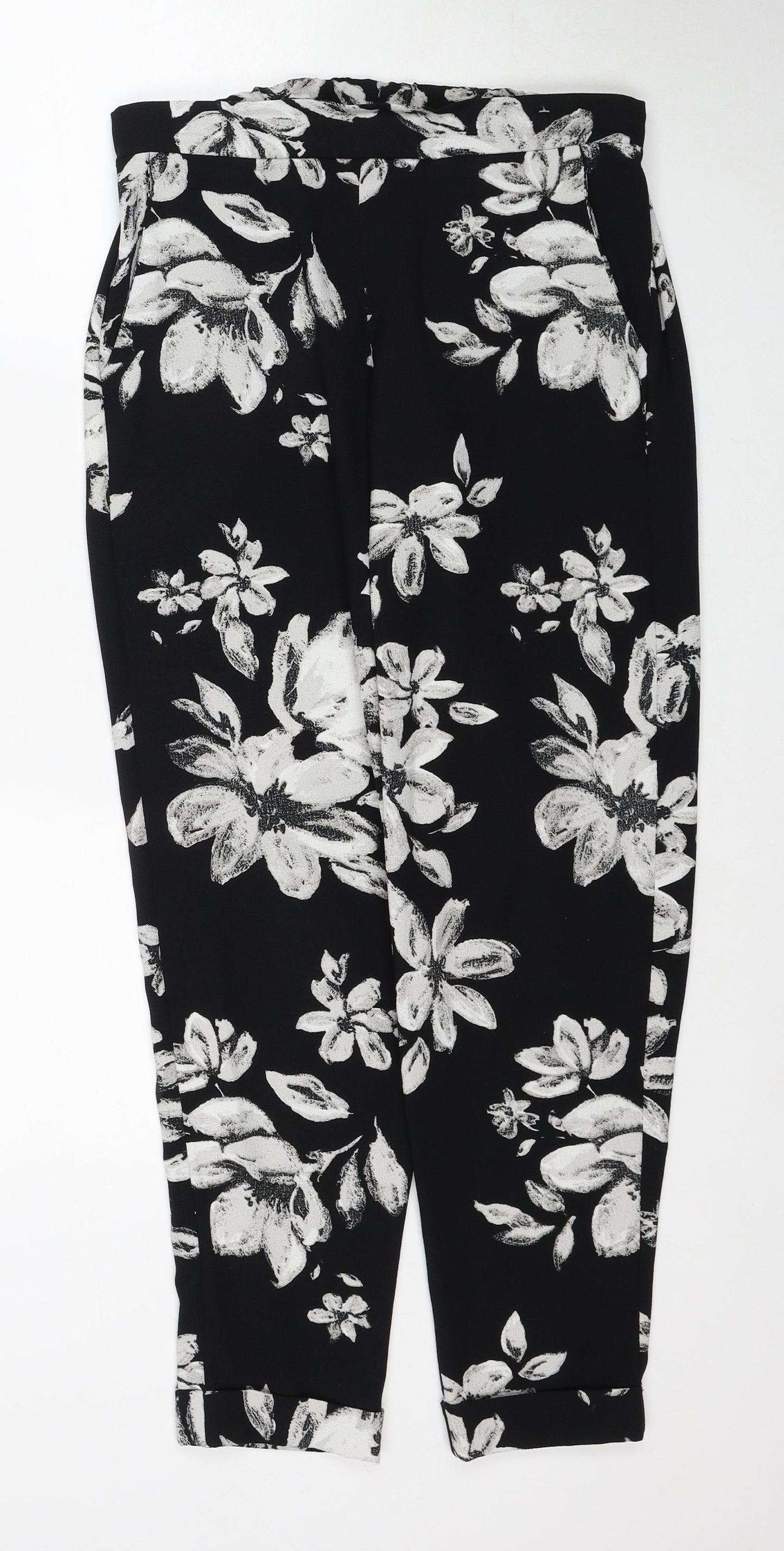 F&F Womens Black Floral Polyester Trousers Size 8 Regular
