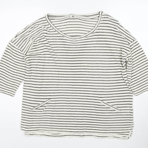 Peacocks Womens White Round Neck Striped Cotton Pullover Jumper Size L