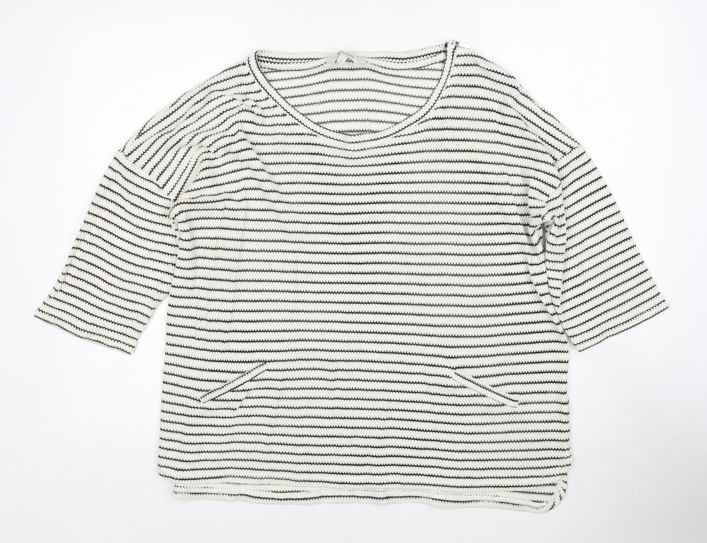 Peacocks Womens White Round Neck Striped Cotton Pullover Jumper Size L