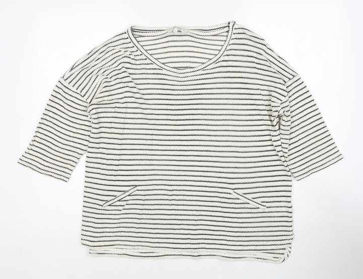 Peacocks Womens White Round Neck Striped Cotton Pullover Jumper Size L