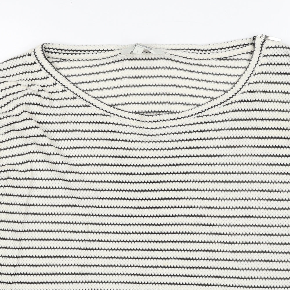 Peacocks Womens White Round Neck Striped Cotton Pullover Jumper Size L
