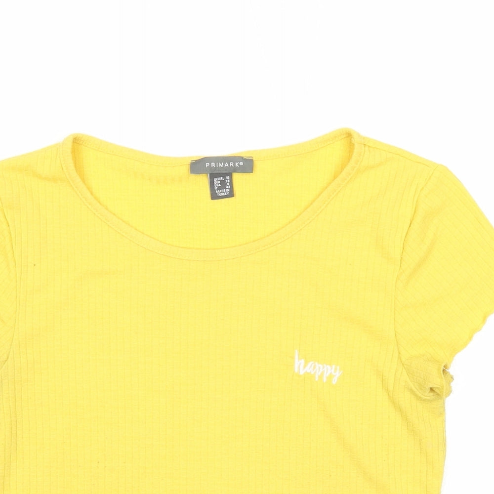 Primark Womens Yellow Polyester Basic T-Shirt Size 10 Boat Neck - Happy