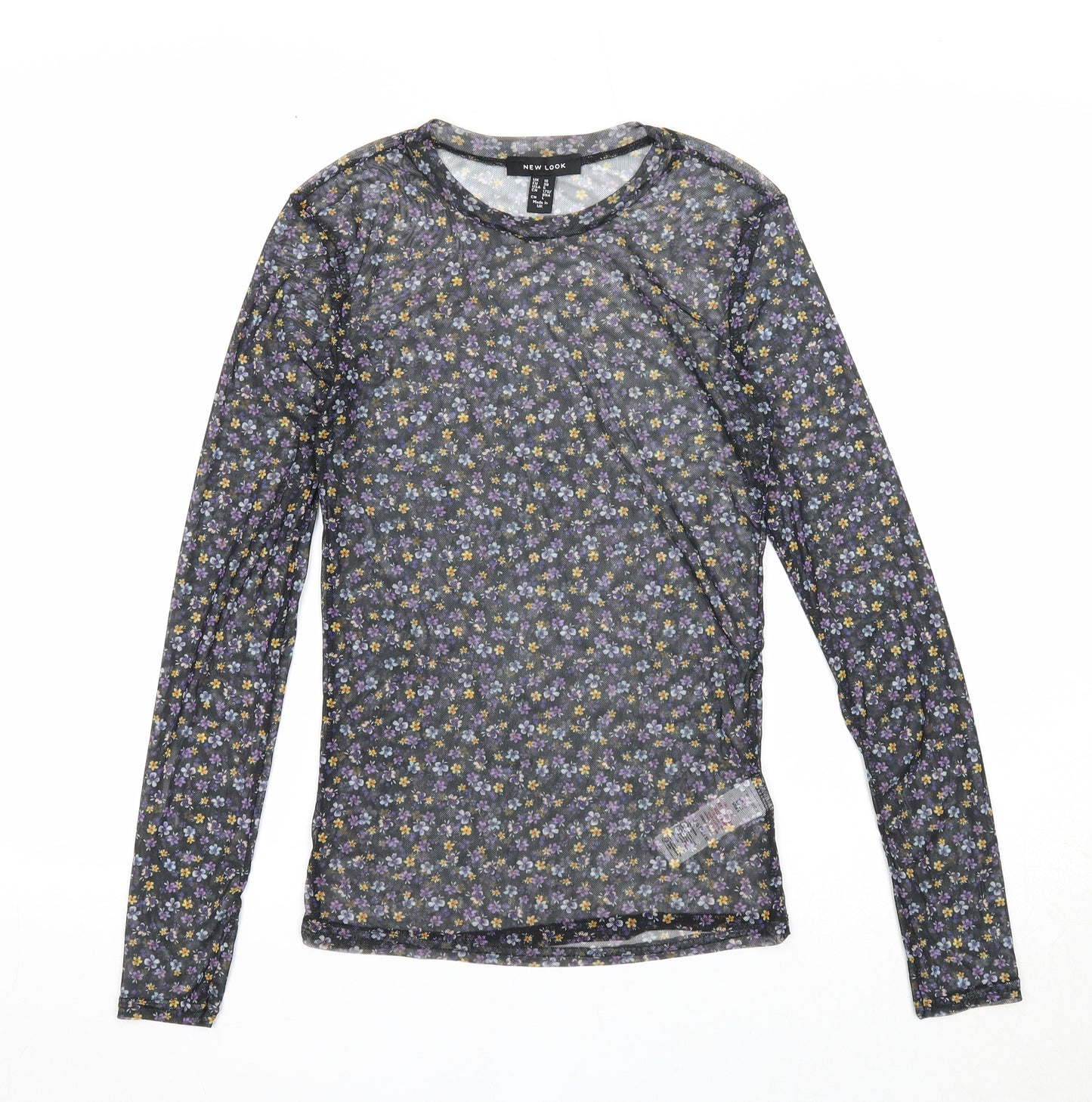 New Look Womens Black Floral Polyester Basic T-Shirt Size 10 Round Neck