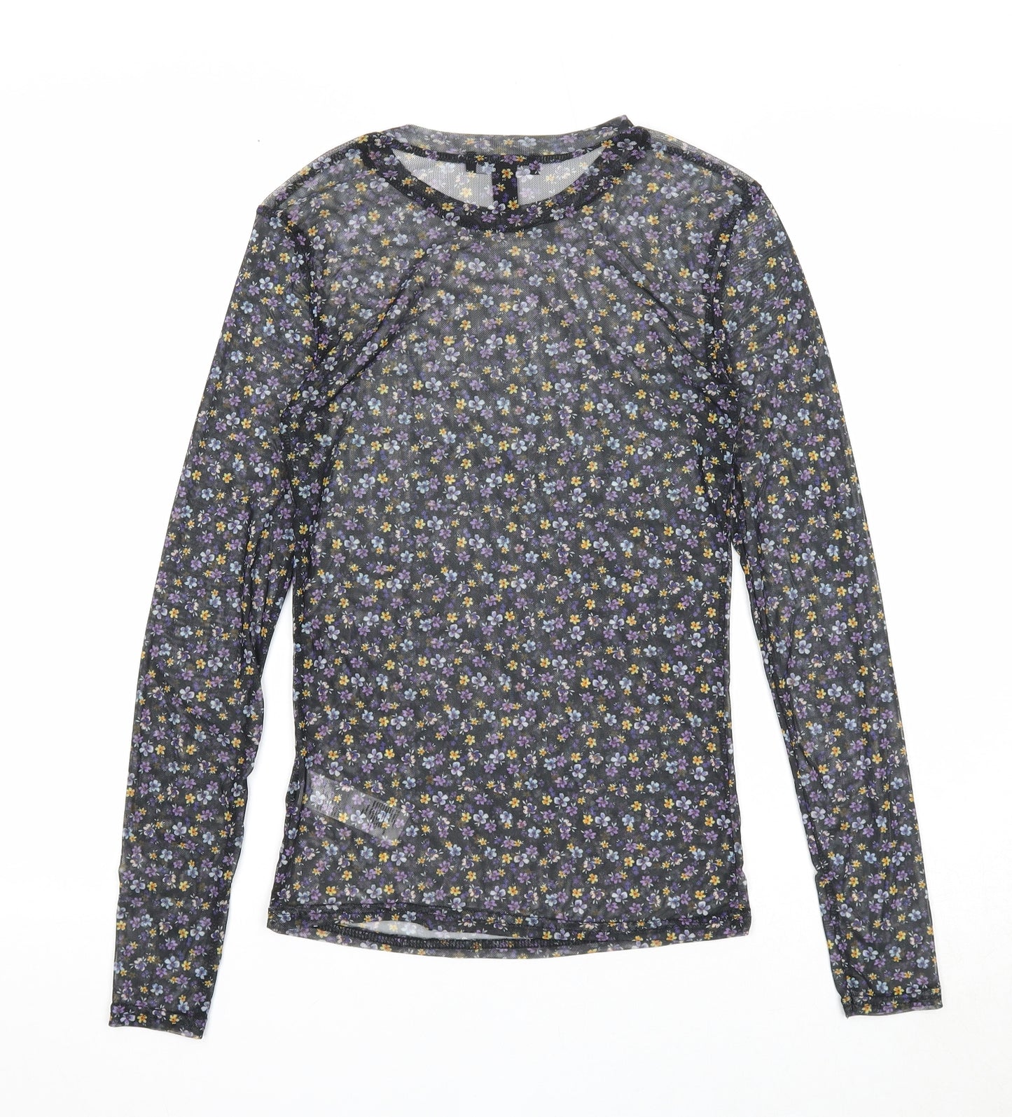 New Look Womens Black Floral Polyester Basic T-Shirt Size 10 Round Neck