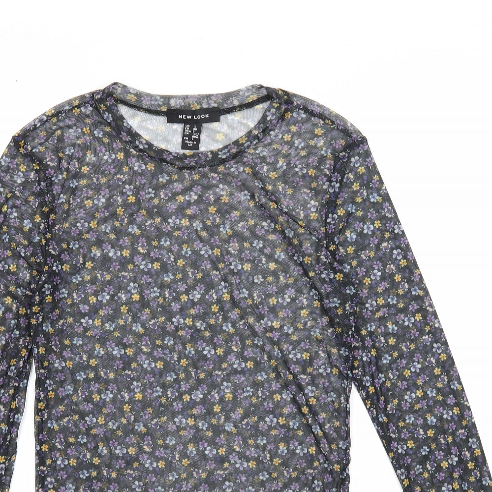 New Look Womens Black Floral Polyester Basic T-Shirt Size 10 Round Neck