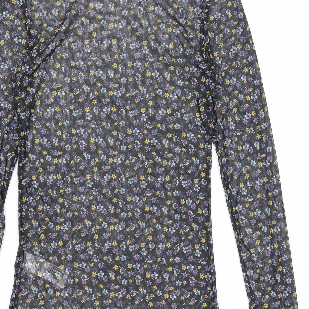 New Look Womens Black Floral Polyester Basic T-Shirt Size 10 Round Neck