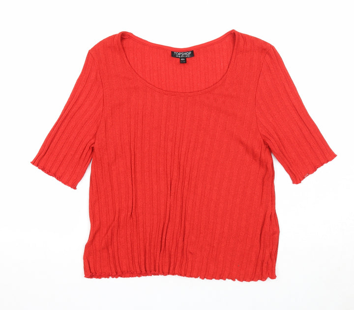 Topshop Womens Red Polyester Basic T-Shirt Size 12 Round Neck