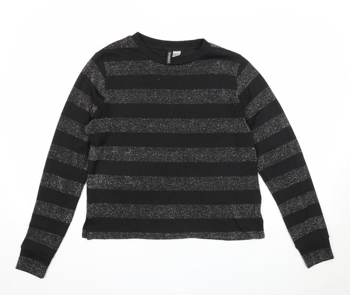 Divided Womens Black Round Neck Striped Polyester Pullover Jumper Size S