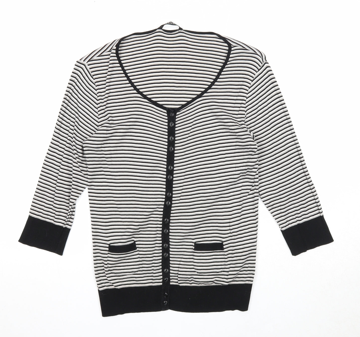 Planet Womens Black Scoop Neck Striped Cotton Cardigan Jumper Size M
