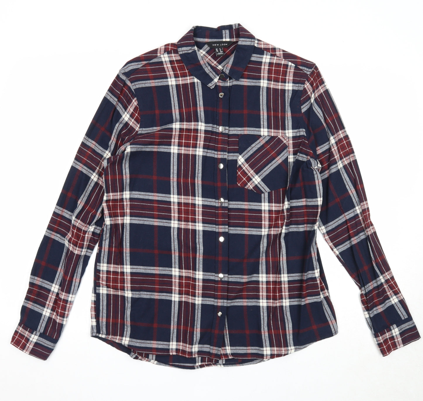 New Look Womens Blue Plaid Cotton Basic Button-Up Size 8 Collared